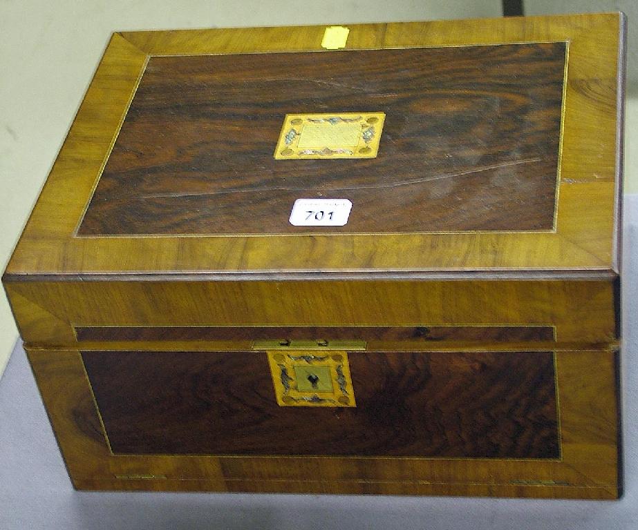 Appraisal: Walnut and rosewood inlaid rectangular work box hinged to reveal