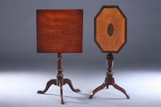 Appraisal: TWO AMERICAN MIXED-WOOD TILT-TOP TRIPOD CANDLESTANDS th century composed of