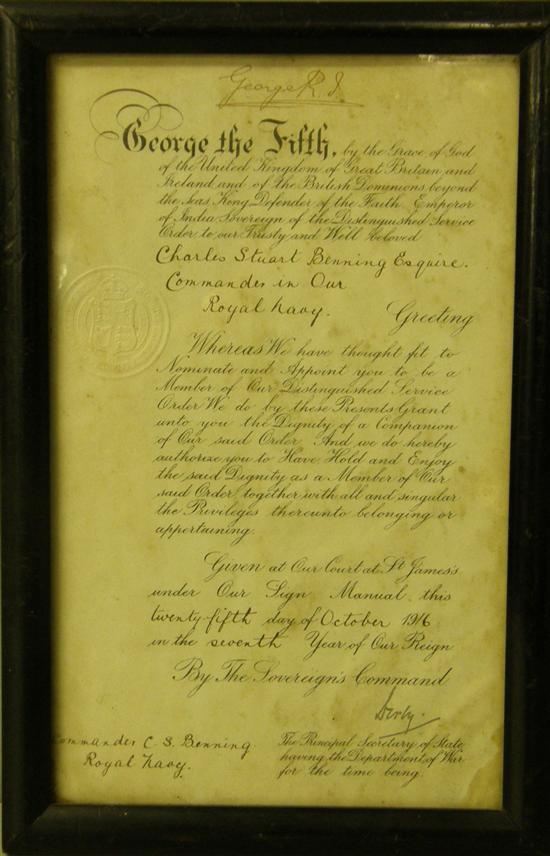 Appraisal: Distinguished Service Order signed by King George V to Charles