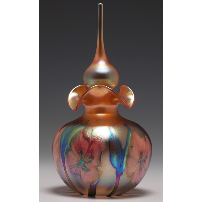 Appraisal: Charles Lotton Multi-Flora vase with stopper iridescent peach-colored glass with