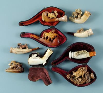 Appraisal: Nine Meerschaum pipes carved figures stags dogs other animals one