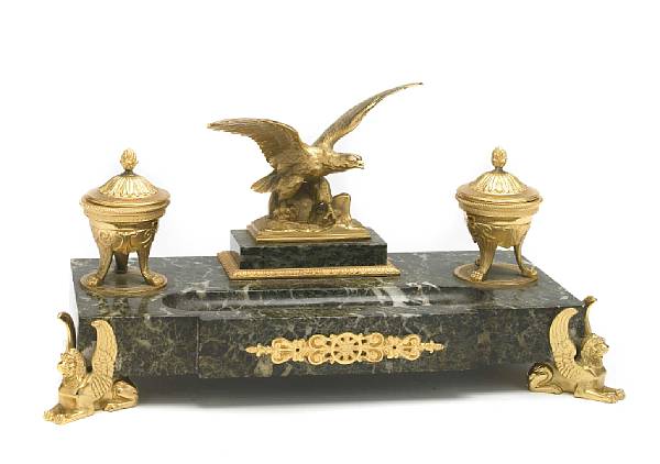 Appraisal: An Empire style gilt metal and marble inkstand width in