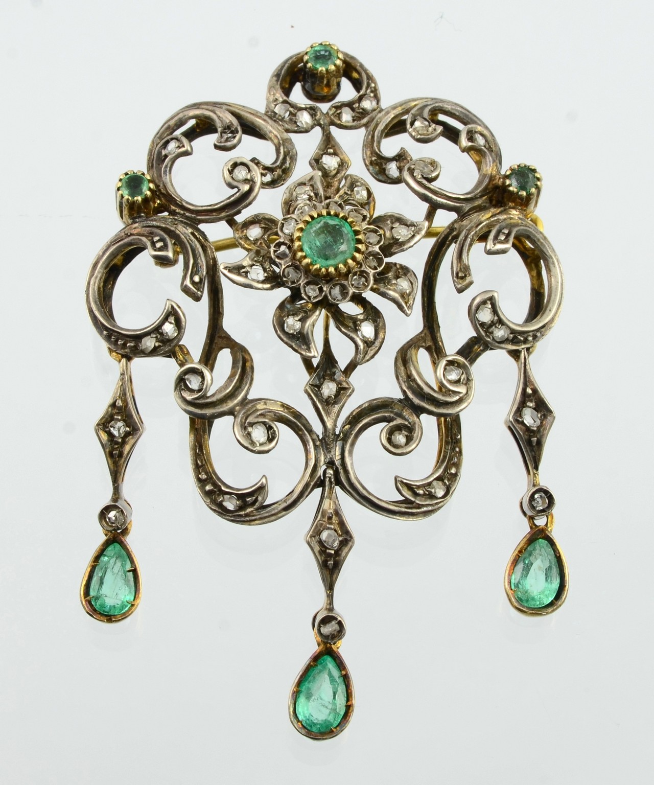 Appraisal: Antique K Platinum topped Yellow Gold Emerald and Diamond Brooch