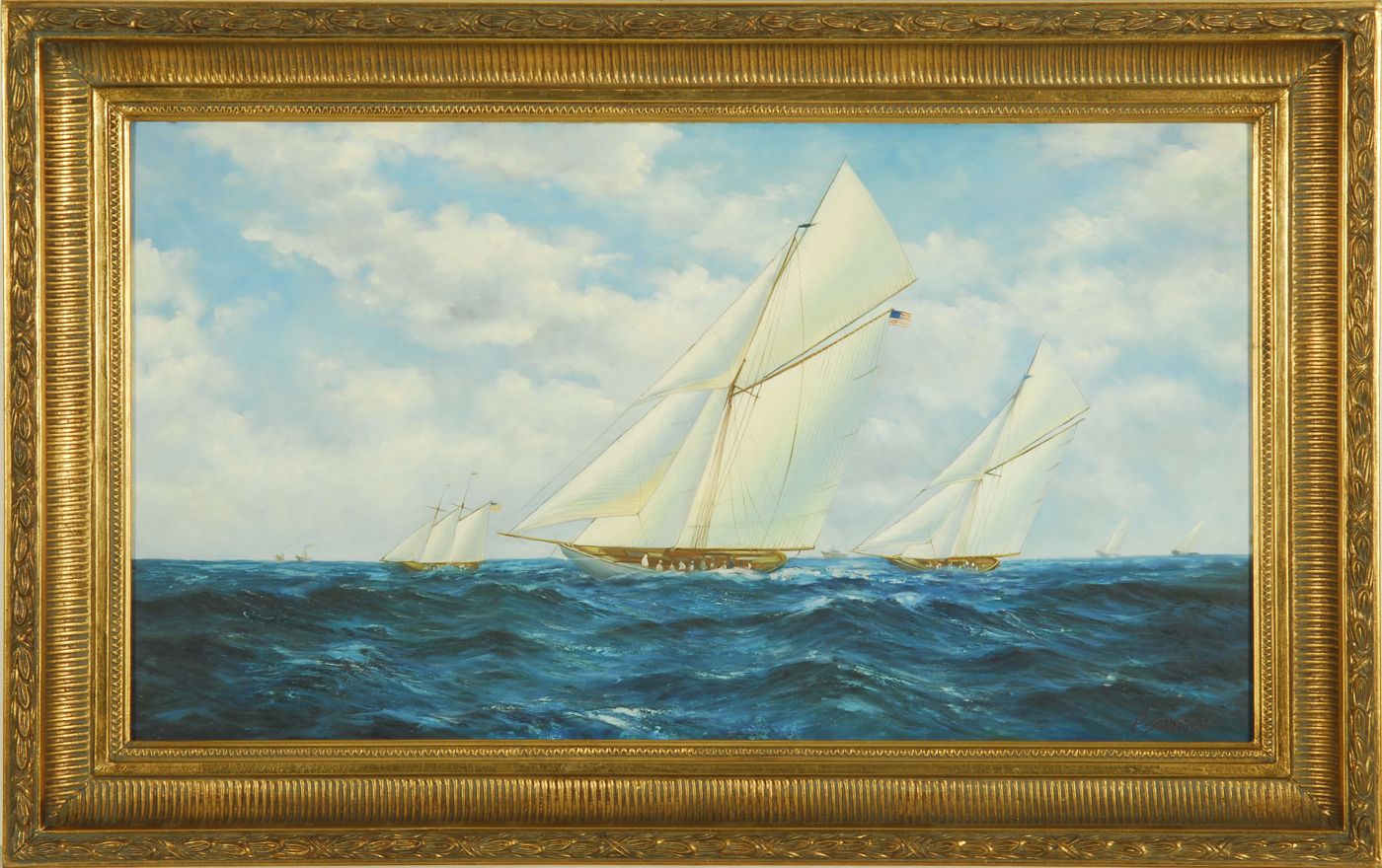 Appraisal: FRAMED PAINTING st CenturyTwo gaff-rigged cutters racing under full sail