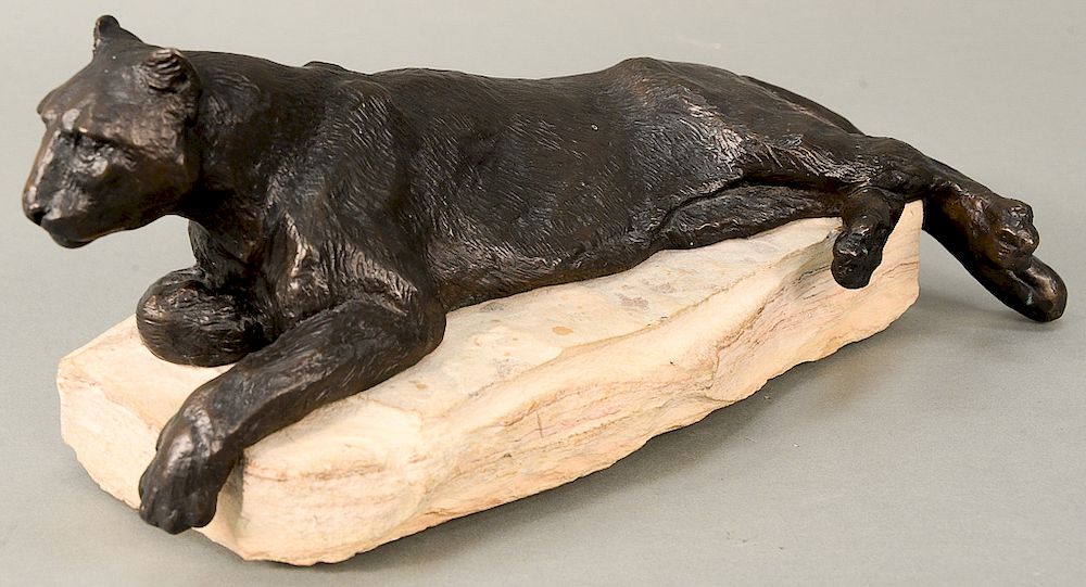 Appraisal: Donna Dobberfuhl b bronze Watching mountain lion on stone base