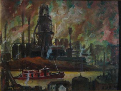 Appraisal: MARY CABLE BUTLER american - INDUSTRIAL SCENE WITH TUGBOAT Signed