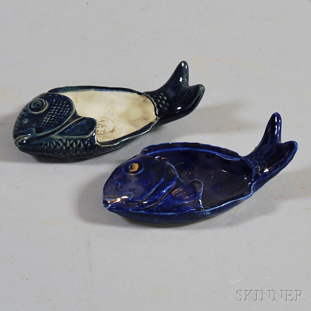 Appraisal: Two Blue-glazed Spoon Holders China fish-shaped with carved details one