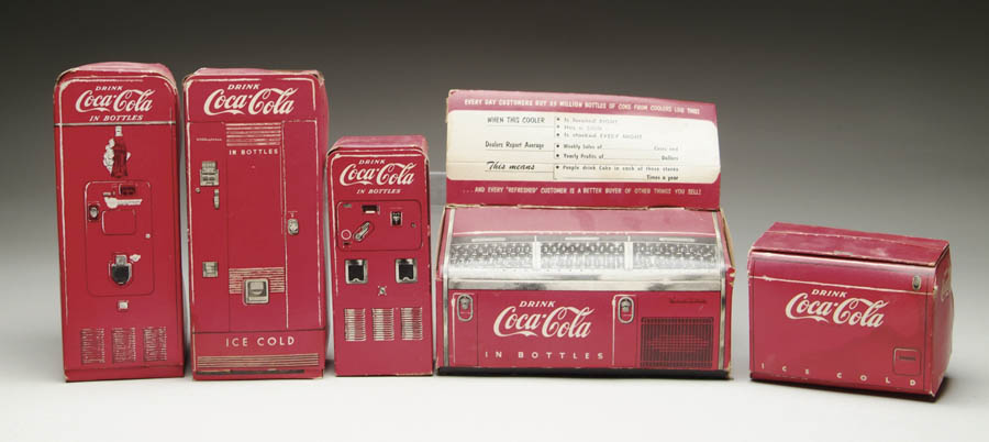 Appraisal: LOT OF FIVE COCA-COLA SAMPLE CARDBOARD COOLERS AND VENDING MACHINES