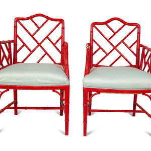 Appraisal: A Pair of Chinese Chippendale Style Red Lacquer Armchairs TH