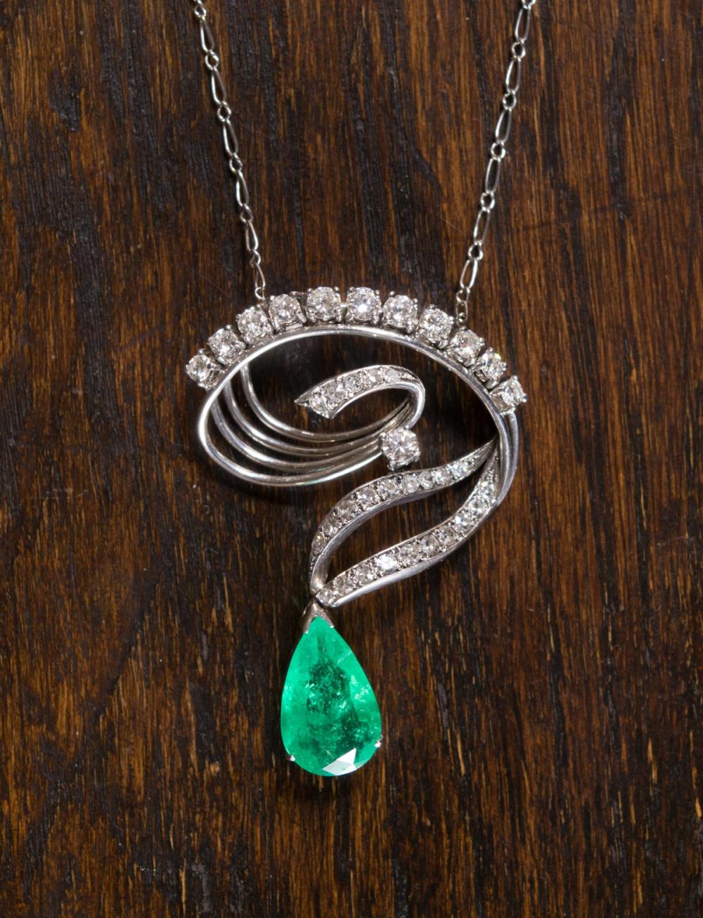 Appraisal: EMERALD DIAMOND AND PLATINUM NECKLACE with a lengths of platinum