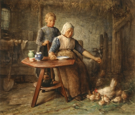 Appraisal: Jan Derk Huibers Dutch - Woman Feeding Hen and Chicks