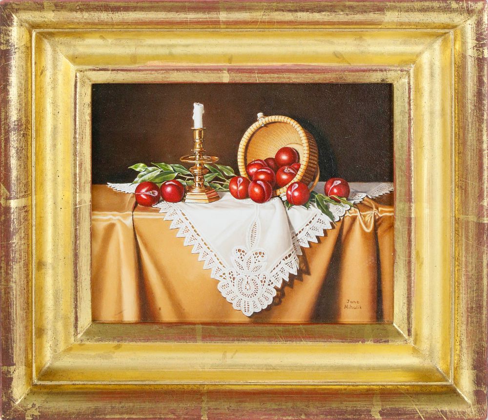 Appraisal: Jane Mihalik Miniature Oil on Board Red Plums Jane Mihalik