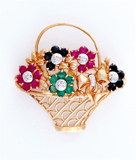 Appraisal: Gemset gold brooch diamonds emeralds blue sapphires and rubies set