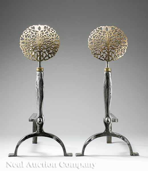 Appraisal: A Pair of Aesthetic Brass and Hammered Steel Andirons pierced