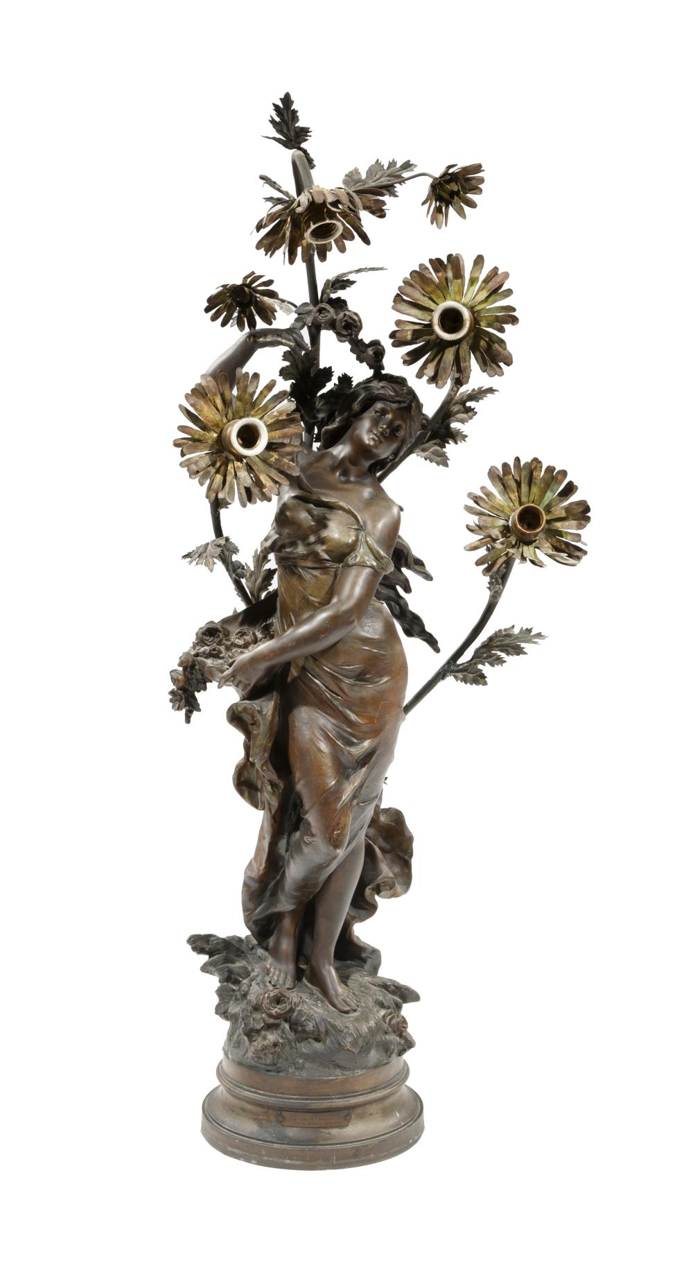 Appraisal: French Patinated Metal Four-Light Figural Lamp after Moreau's Reveil du