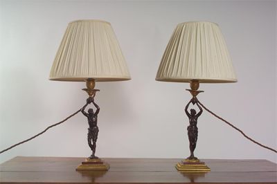 Appraisal: A pair of bronze gilt brass and marble table lamps