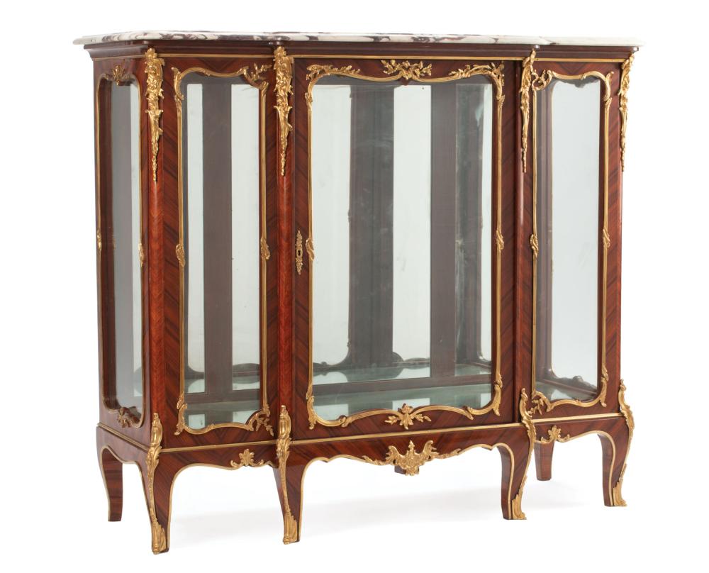 Appraisal: Louis XVI-Style Bronze-Mounted Kingwood Vitrine breakfront form marble top cabriole