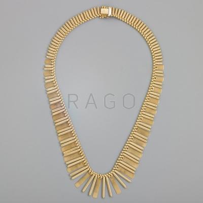 Appraisal: K GOLD FRINGE NECKLACE Textured bars and panels suspend from