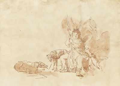 Appraisal: Unsigned Sepia Ink Drawing Diana and her hounds Ink on