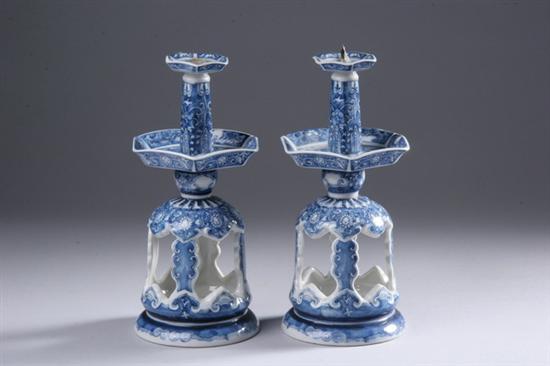 Appraisal: PAIR JAPANESE BLUE AND WHITE PORCELAIN CANDLE HOLDERS - in