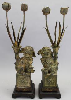 Appraisal: Early Antique Chinese Food Dog Statues on Stand Early Antique