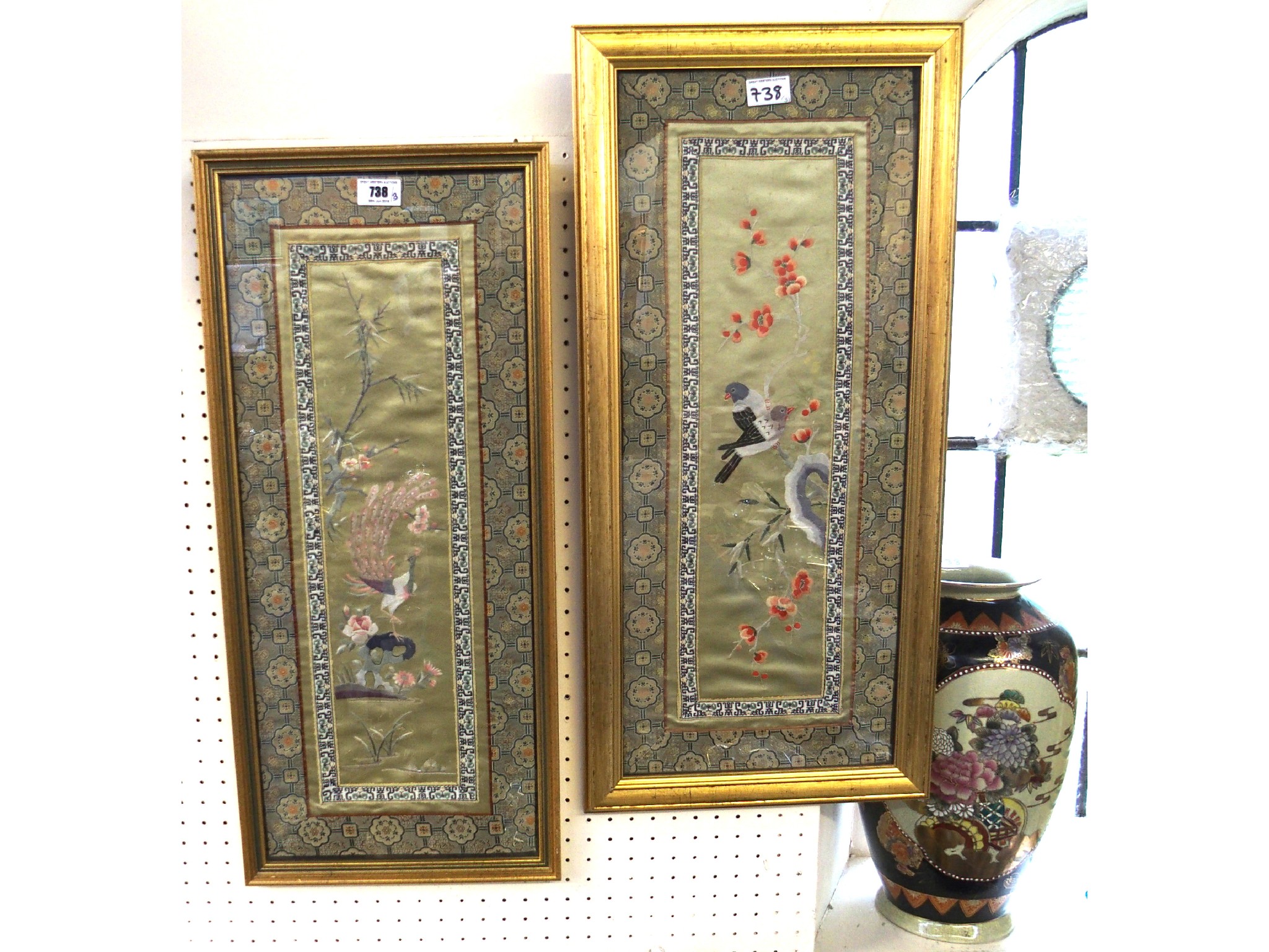 Appraisal: Two framed silk panels and a Chinese vase