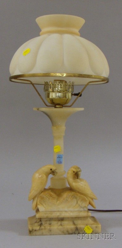 Appraisal: Carved Alabaster Parrots Figural Table Lamp with Opaque Molded Glass