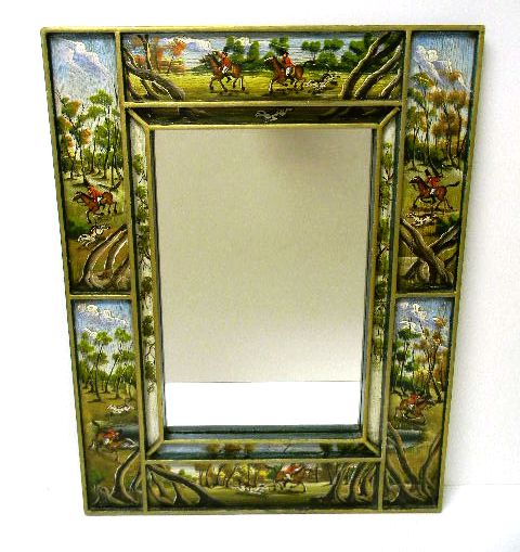 Appraisal: Hunt scene motif wall mirror paneled wood frame painted in