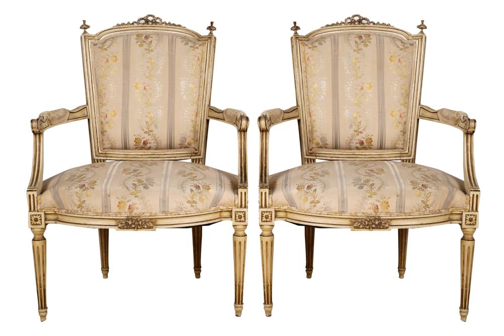 Appraisal: PAIR ITALIAN NEOCLASSIC STYLE PAINTED GILT ARMCHAIRSCondition with paint loss