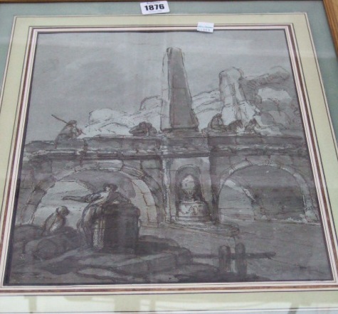 Appraisal: Circle of Hubert Robert Figures by a bridge in a