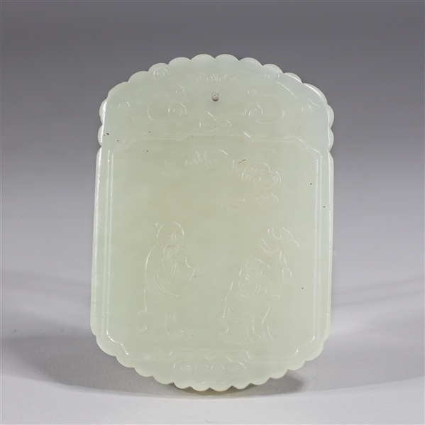 Appraisal: Chinese carved celadon jade plaque with figures and four-character mark