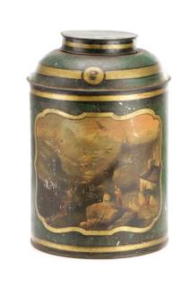 Appraisal: English Tole Tea Canister w Mountain Landscape English th century