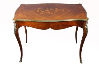 Appraisal: French Marquetry Writing Desk with bronze mounts Floral inlaid motif