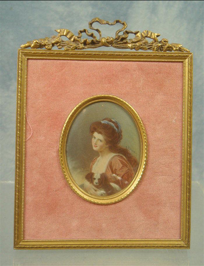 Appraisal: Oval handpainted portrait on ivory lady with a dog artist