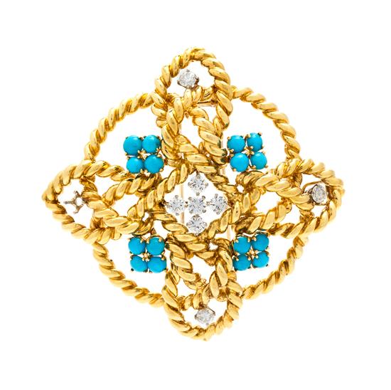 Appraisal: Sale Lot An Karat Yellow Gold Diamond and Turquoise Pendant