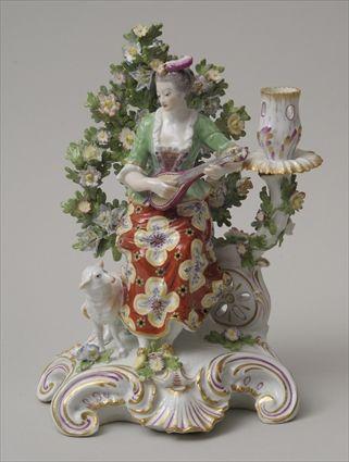 Appraisal: Chelsea-Derby Type Gilt and Polychrome Decorated Porcelain Bocage Two-Light Candelabrum