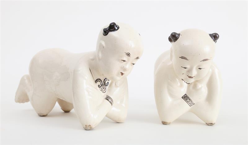 Appraisal: TWO SIMILAR CHINESE IVORY-GLAZED POTTERY FIGURE HEADRESTS Each in the