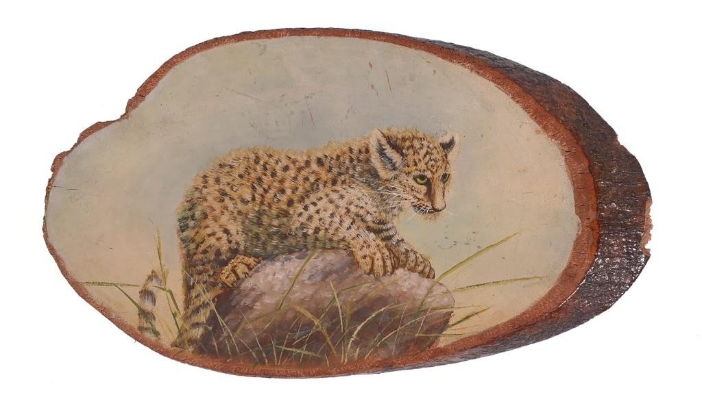 Appraisal: Handpainted Florida bob cat on cross section of tree believed