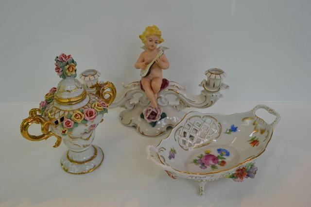 Appraisal: A GROUP OF THREE GERMAN PORCELAIN ITEMS INC BASKET CANDELABRA