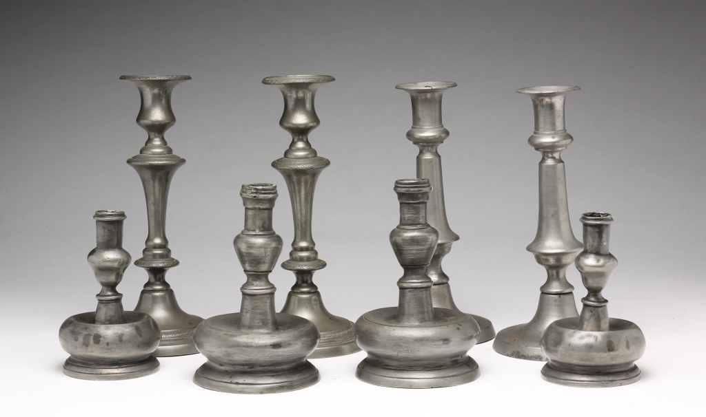 Appraisal: FOUR PAIR OF AMERICAN PEWTER CANDLESTICKS Late th-late th century