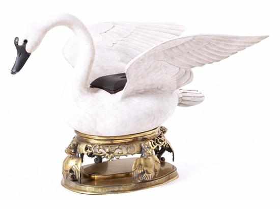 Appraisal: Carved and painted swan centerpiece on metal base elegant swan