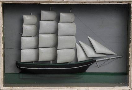 Appraisal: AMERICAN PAINTED WOOD HALF-ROUND SHIP MODEL IN SHADOW BOX FRAME