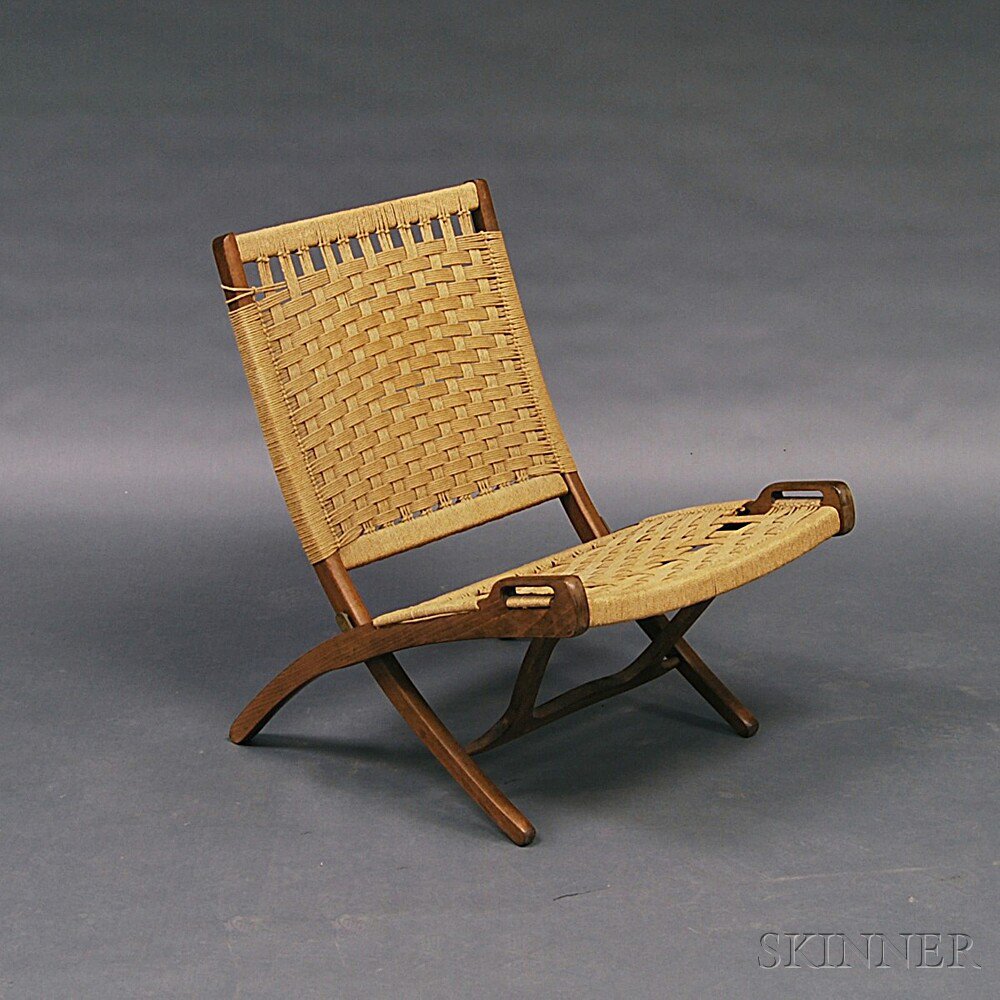 Appraisal: Hans Wegner-style Folding Teak Rope Chair the upholstered back and