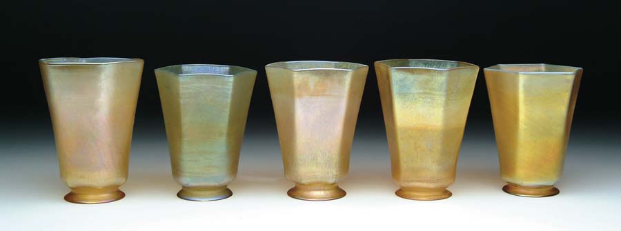 Appraisal: FIVE TIFFANY GOLD FAVRILE SHADES Set of five Tiffany shades