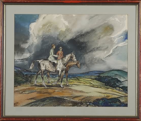 Appraisal: Double sided watercolor of bull rider and men on horseback