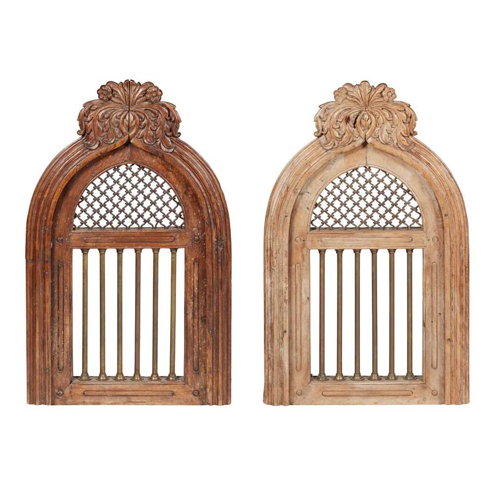 Appraisal: PAIR OF SPANISH CARVED FRUITWOOD AND IRON WINDOWS TH CENTURY