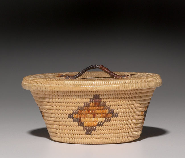 Appraisal: Shoshoni lidded basket polychrome geometric design and twig handle dia