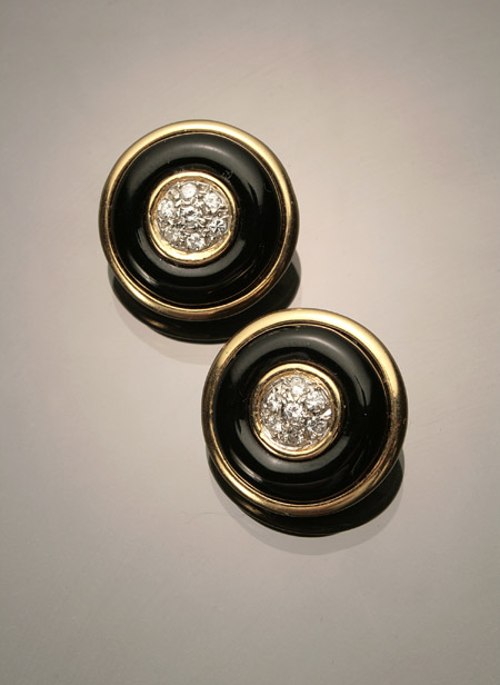 Appraisal: Pair of -Karat Yellow-Gold Diamond and Black Onyx Ear Clips