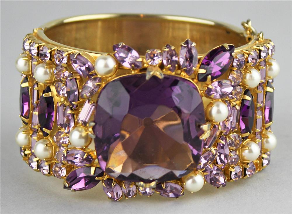 Appraisal: HOBE CUFF WITH PURPLE AND VIOLET RHINESTONES AND FAUX PEARLS