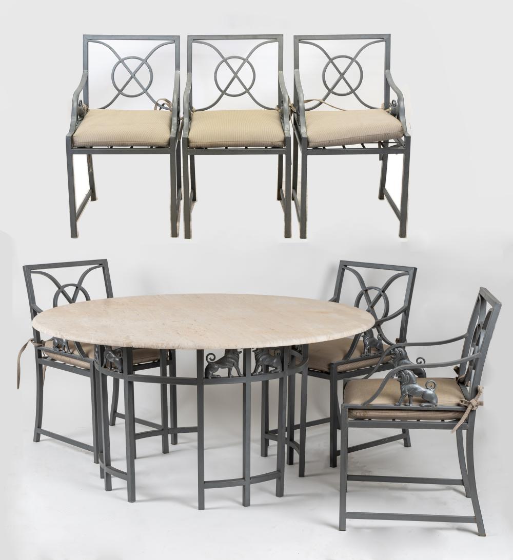 Appraisal: PAINTED IRON PATIO DINING SETwith stone top comprising one dining